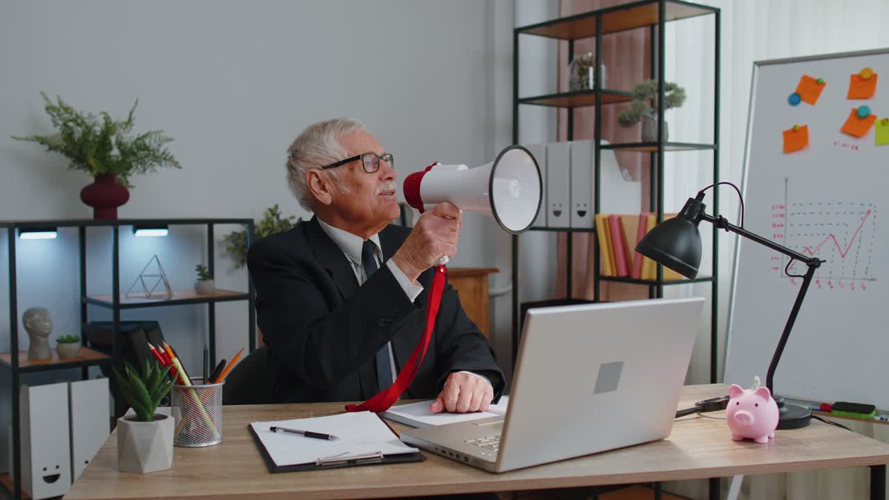 Senior business office man screaming in loudspeaker discounts news sales announcement advertising