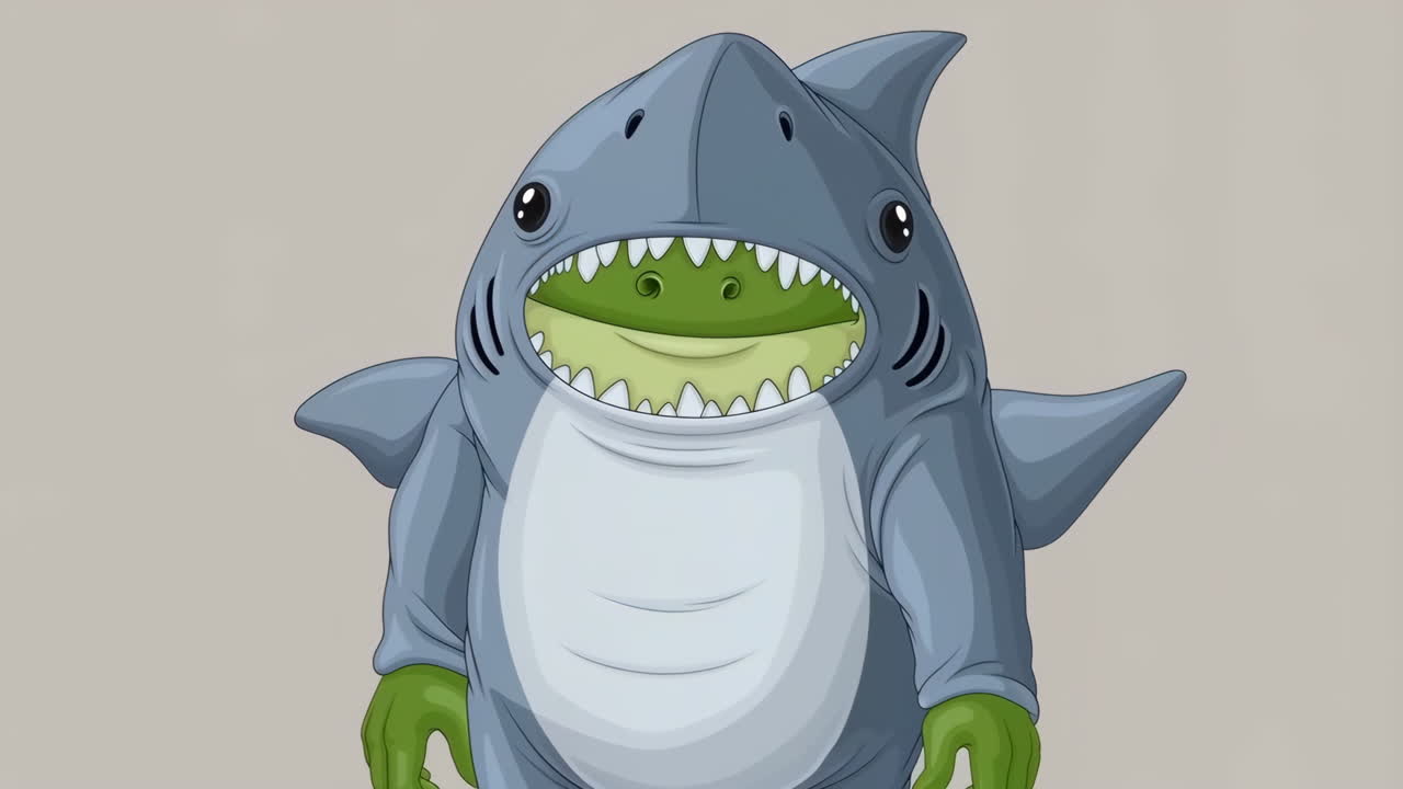 Cartoon Green Creature in a Shark Costume