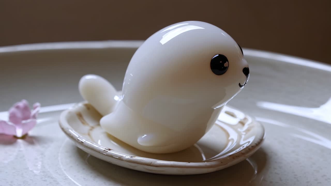 Cute White Seal Figurine on a Dish