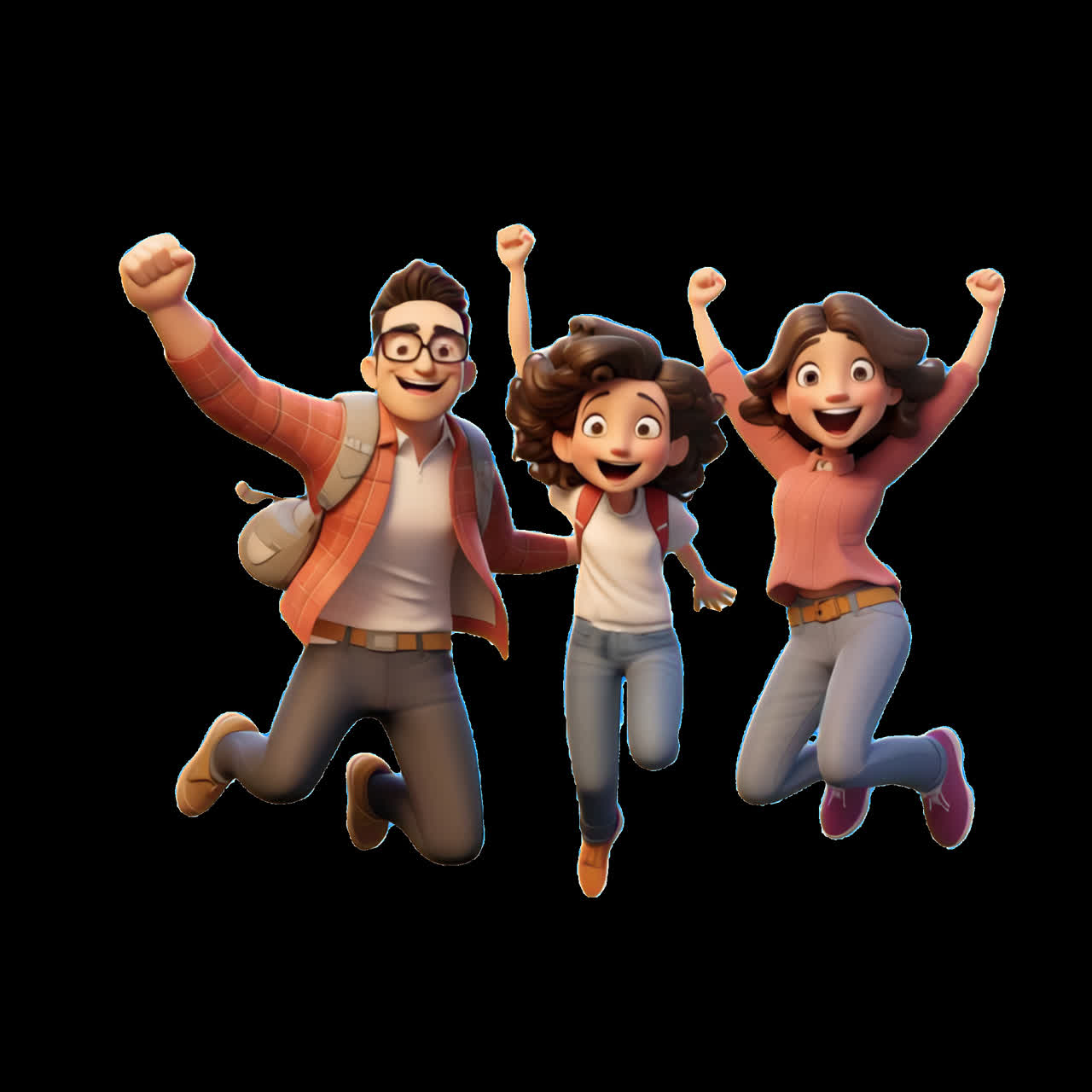 Joyful family jumping together animation isolated asset, transparent 4K video, alpha channel, ProRes