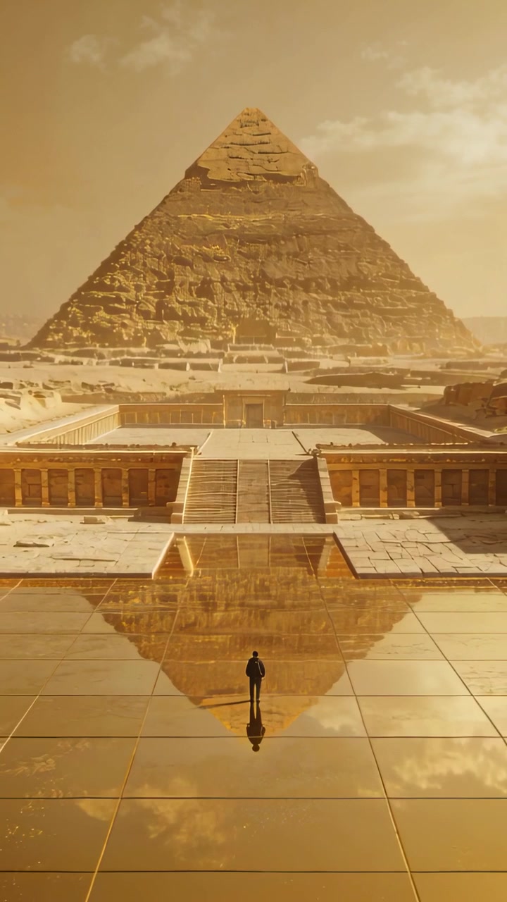 Video verticale: Viaggiatore in cappotto che cammina, guidato dalla luce attraverso la piazza verso un tempio, una piramide.