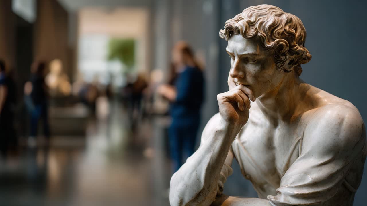Scultura contemplativa in marmo in una sala museale, con visitatori che si immergono nell'apprezzamento e nell'osservazione dell'arte, in un'atmosfera serena di riflessione culturale.