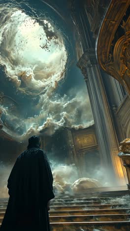 ethereal figure gazes upwards in a grand, stormy hall