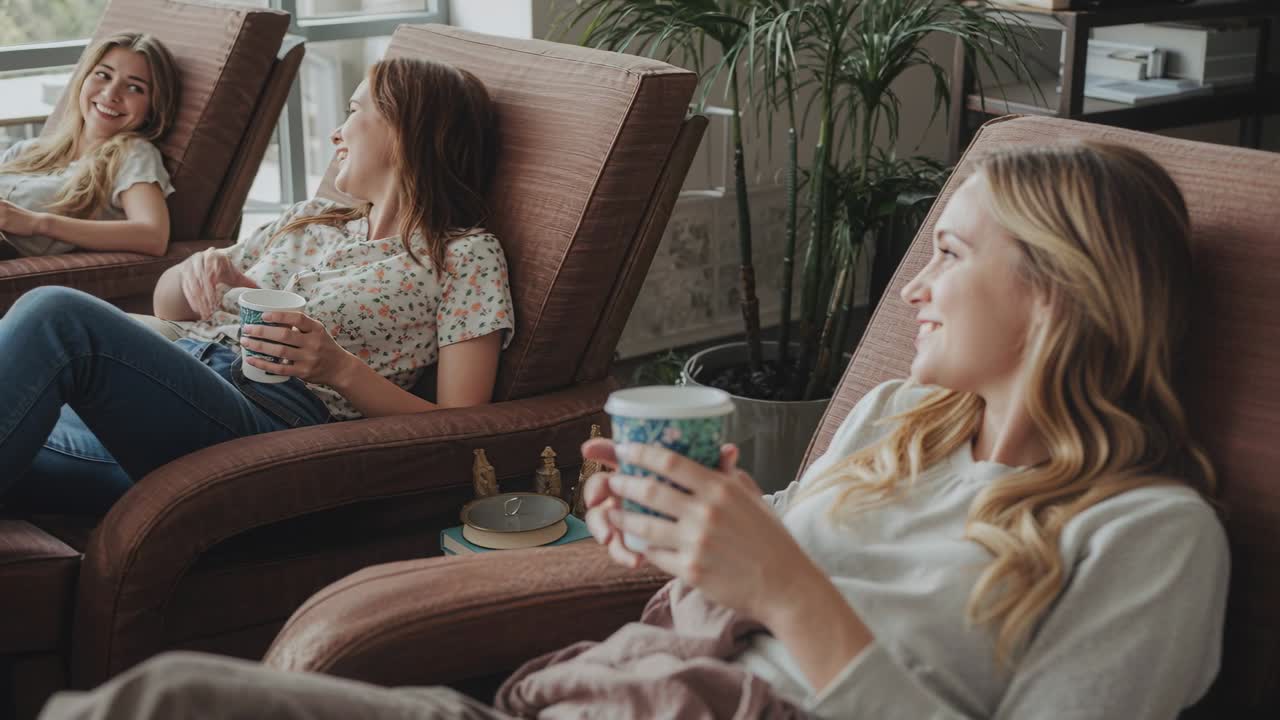Kvinden i midten gestikulerer, tre kvinder hygger sig i spa-lounge mens de nipper til kopper.