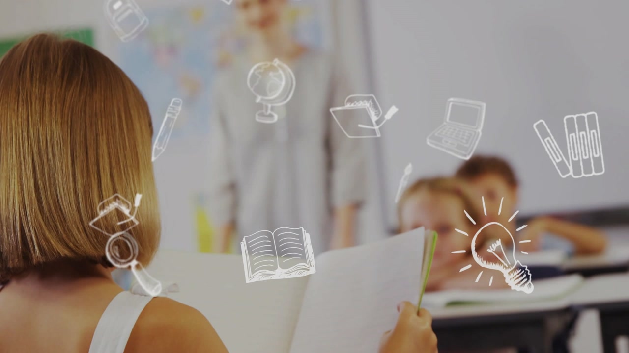 Girl reading aloud at front for class, floating education icons appearing and drifting around book