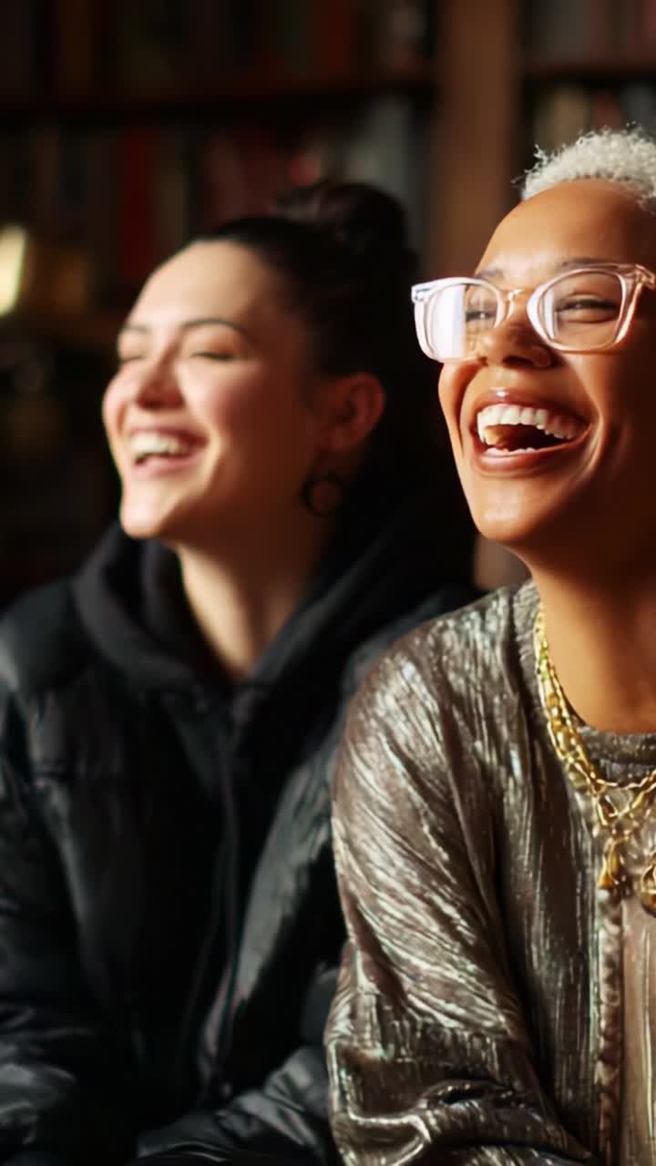 Joyful Moments: Two Friends Share Laughter and Connection in a Warm, Cozy Setting, Emphasizing Friendship, Happiness, and the Importance of Connection