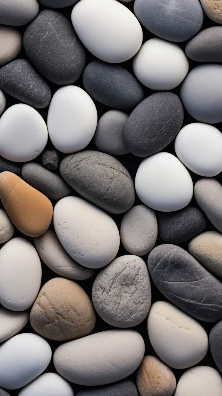 Top-down video shot of smooth, multicolored pebbles closely arranged, showcasing a natural