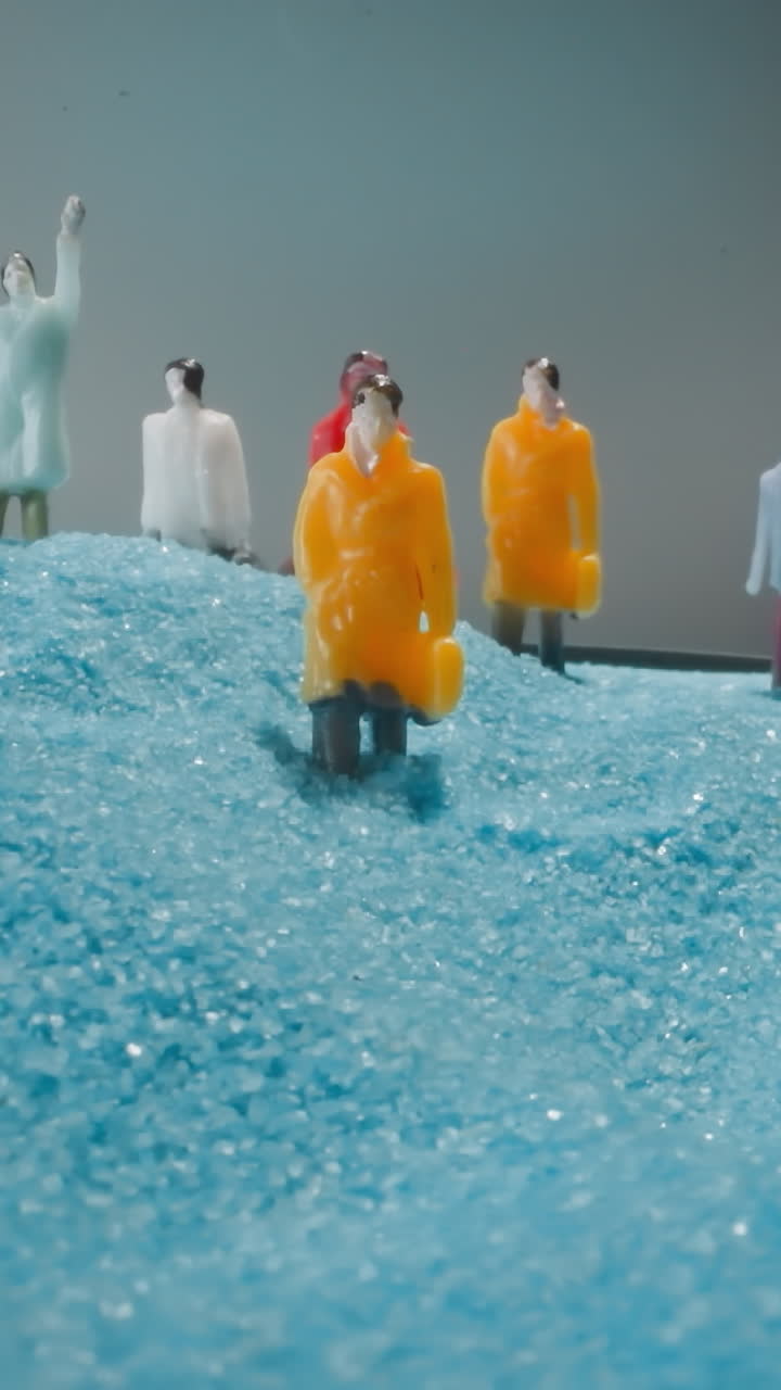 Office workers with briefcases lost on way to work on blue sand shimmering at bright light . Group of figures standing on sandy hill under grey sky macro