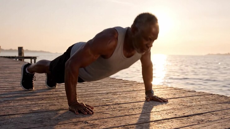 Determined Individual Performing Push-Ups at Sunset on a Pier Overlooking Water, Capturing the Essence of Strength and Commitment to Fitness