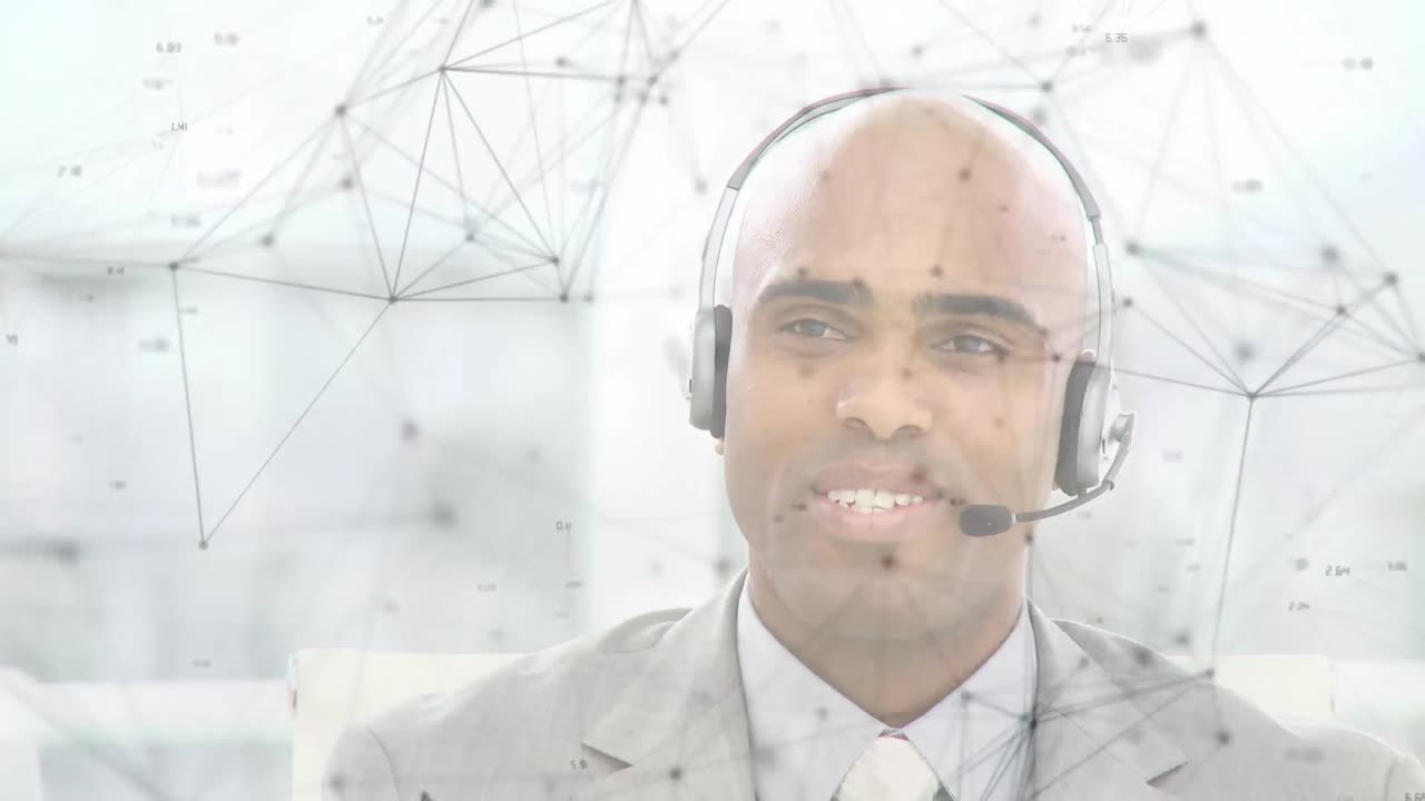 Animation of network of connections over businessman with headset in office