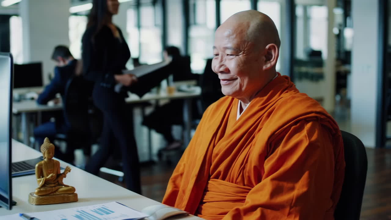 monje en una oficina moderna