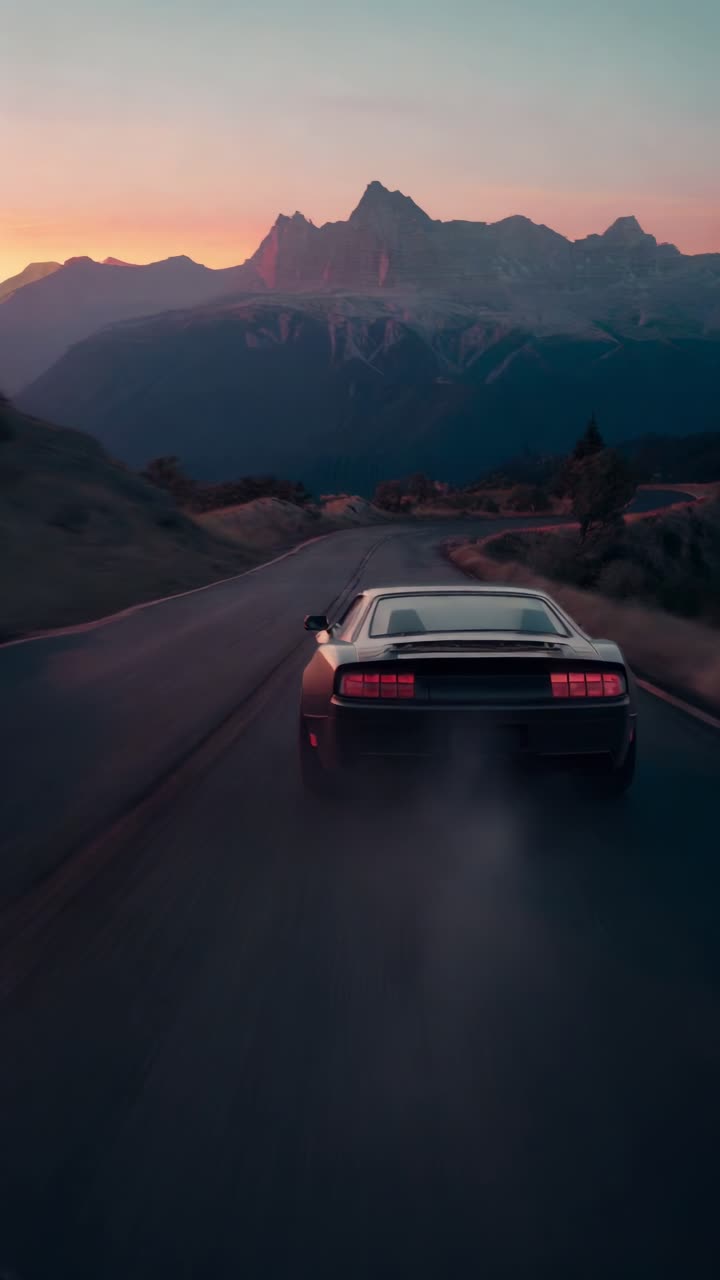 A car drives on a winding mountain road at sunset, captured from a rear low-angle