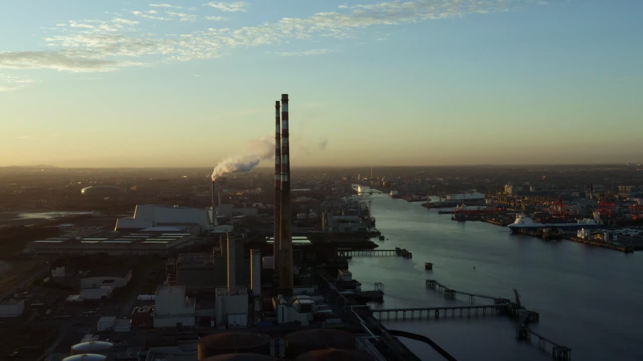 Aerial truck left from Dublin Port to Dublin Bay Power Plant at sunset