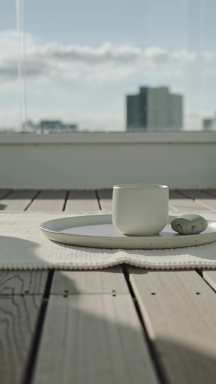 Vertical video: Panning camera moving plate with cup and oval snack on mat on roof deck for display