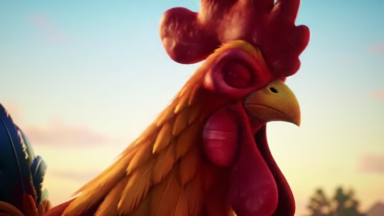 A Striking Rooster Captivating the Sunset: An Animated Character with a Strong Presence and Unique Expression in a Vibrant Outdoor Setting