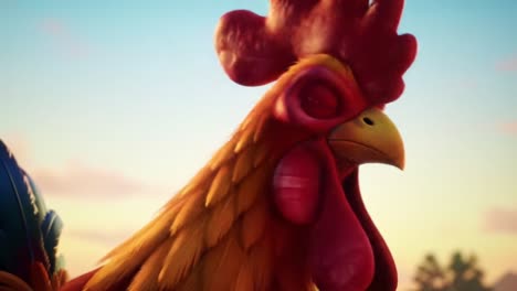 a striking rooster captivating the sunset: an animated character with a strong presence and unique expression in a vibrant outdoor setting