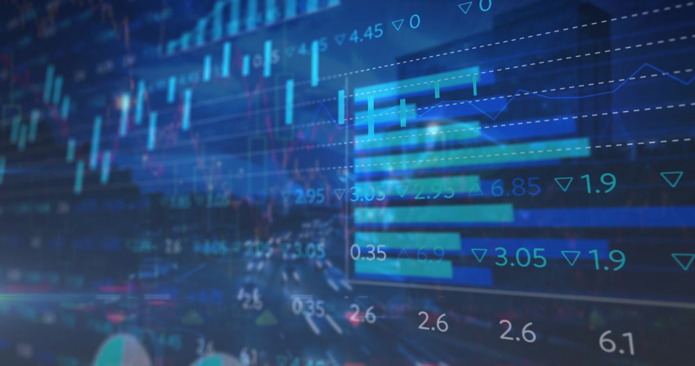 Blurred city showing data overlays panning candlesticks bars spinning dials visualizing trade data