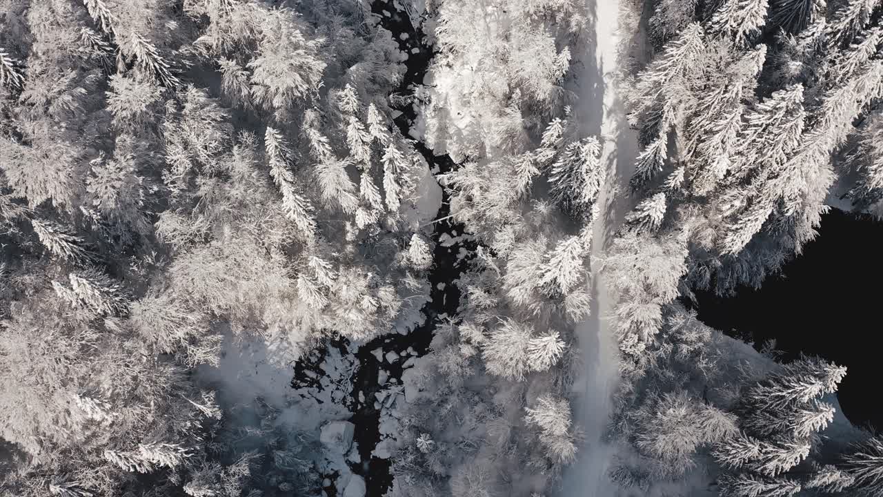 una vista aérea del circo du fer à cheval mientras está cubierto de nieve durante un invierno frío, mirando hacia abajo a un río helado que fluye entre el valle cubierto de bosque junto a un lago
