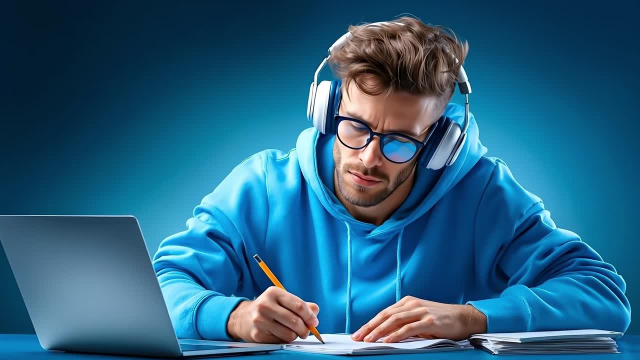 A man in a blue hoodie sitting at a desk with a laptop and headphones on