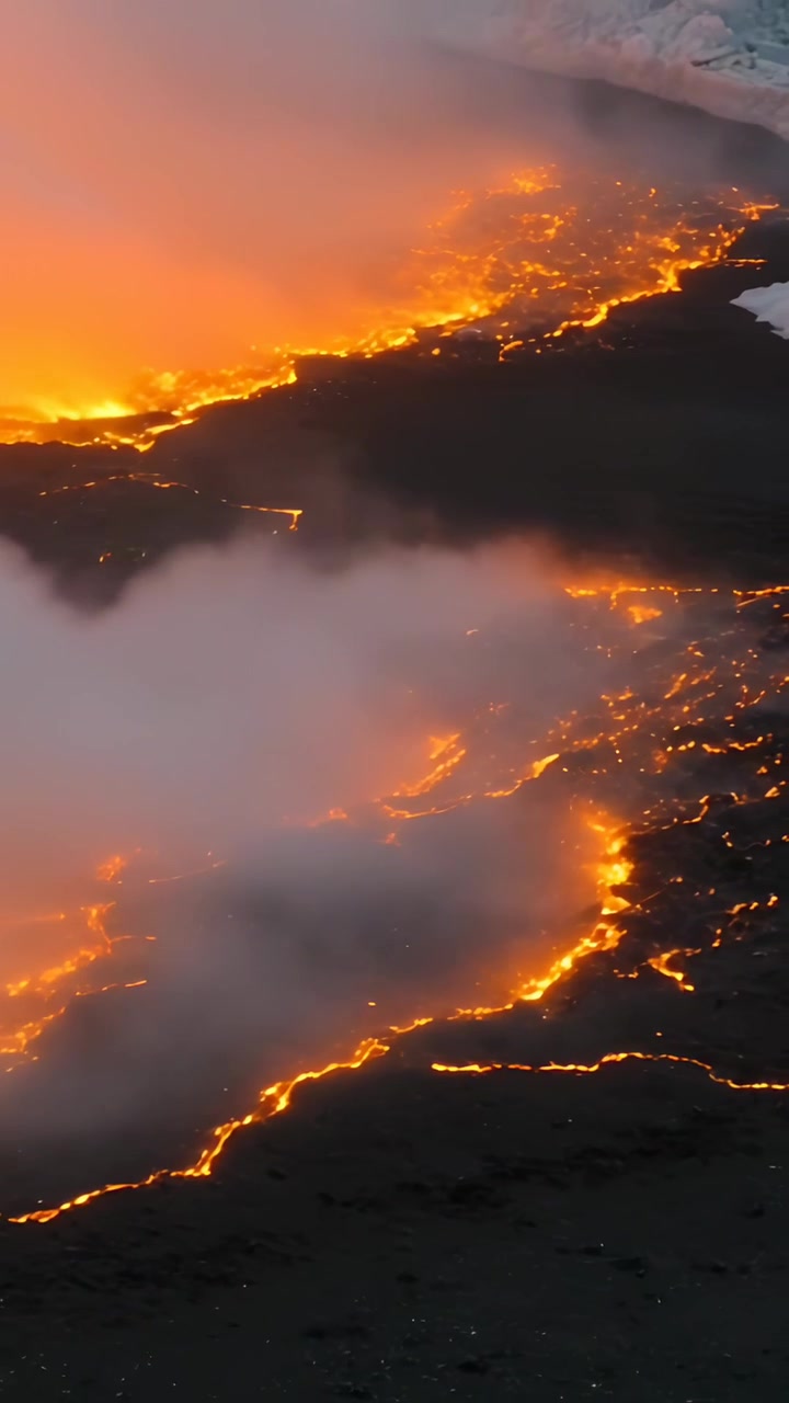 Vertical video: When lava contacts ice margin, lava producing steam and glowing fissures