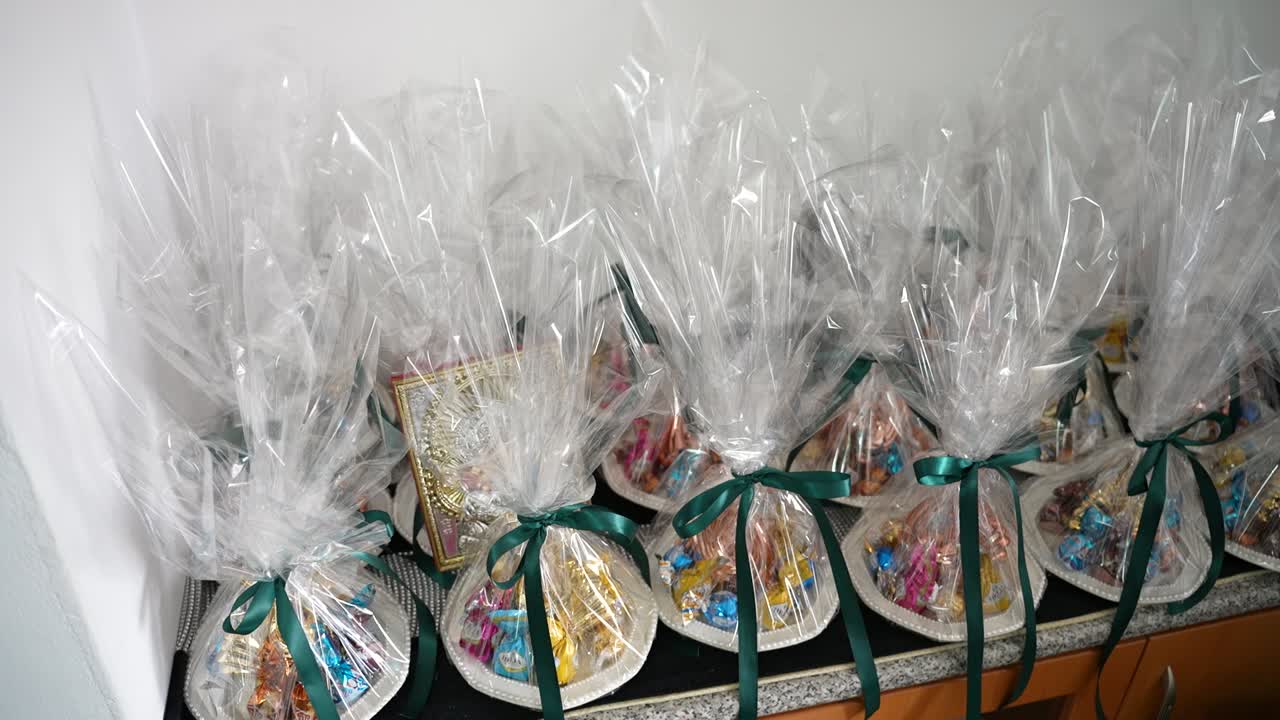 Gift baskets prepared for a community celebration in a local event space