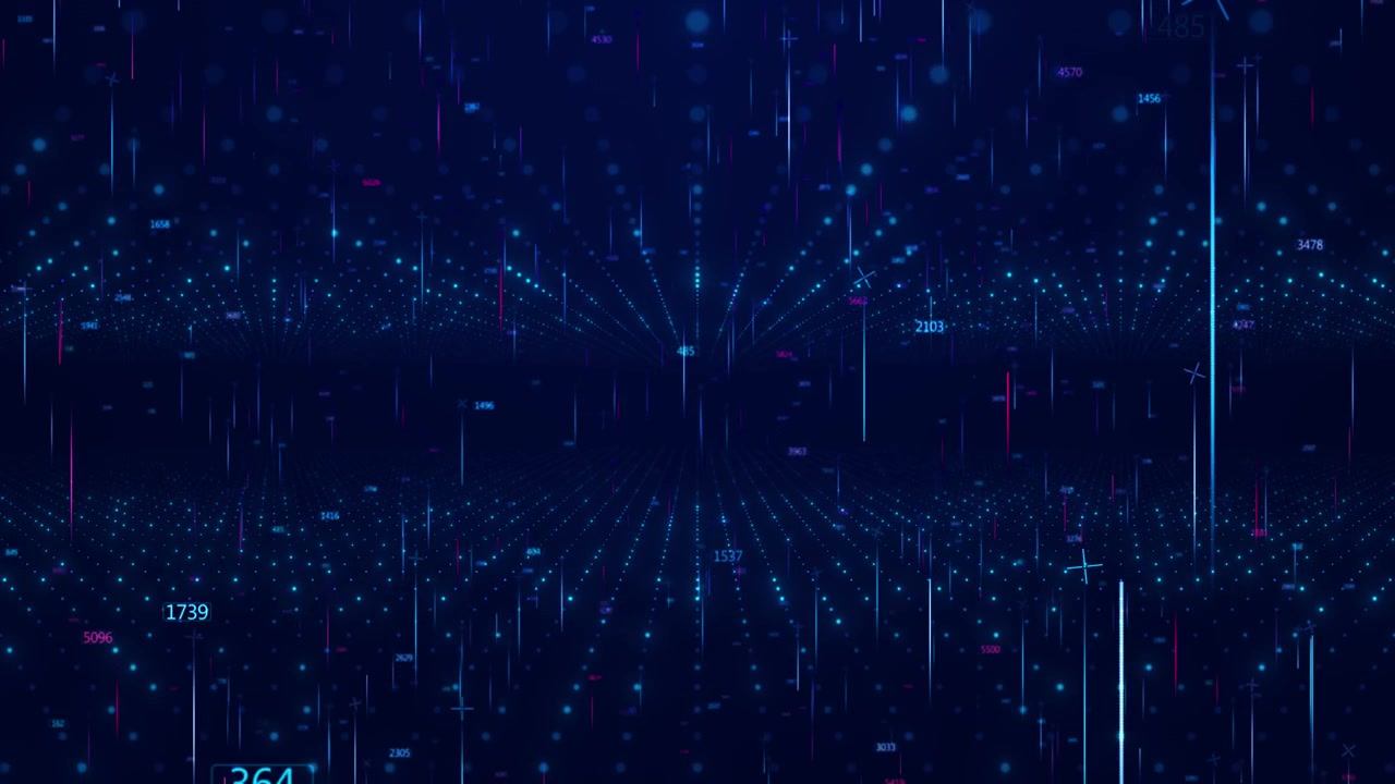 Futuristic number grid visual with blue dotted floor floating data marks and deep digital motion