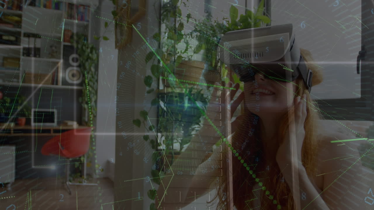 animación del procesamiento de datos sobre una mujer caucásica usando auriculares vr