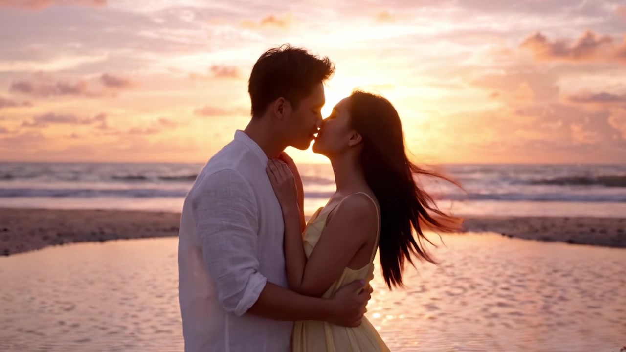 Ciuman Romantis Saat Matahari Terbenam: Dua Kekasih Berpelukan Mesra di Pantai Saat Matahari Terbenam di Cakrawala, Menciptakan Pemandangan yang Indah dan Intim