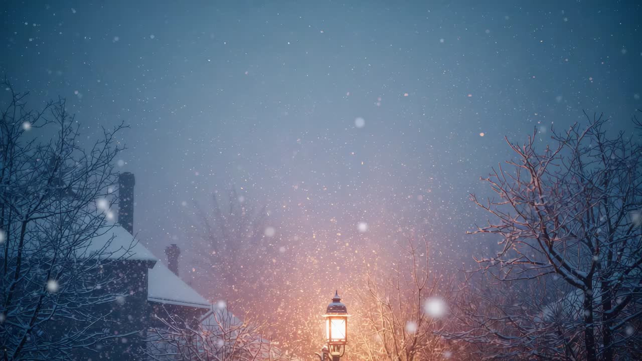 Snow starting, lit street lamp casting halo over residential roof and bare trees, drifting flakes