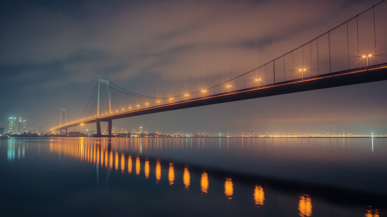 Rippling from light wind, suspension bridge spanning water at night casting warm lamp reflections