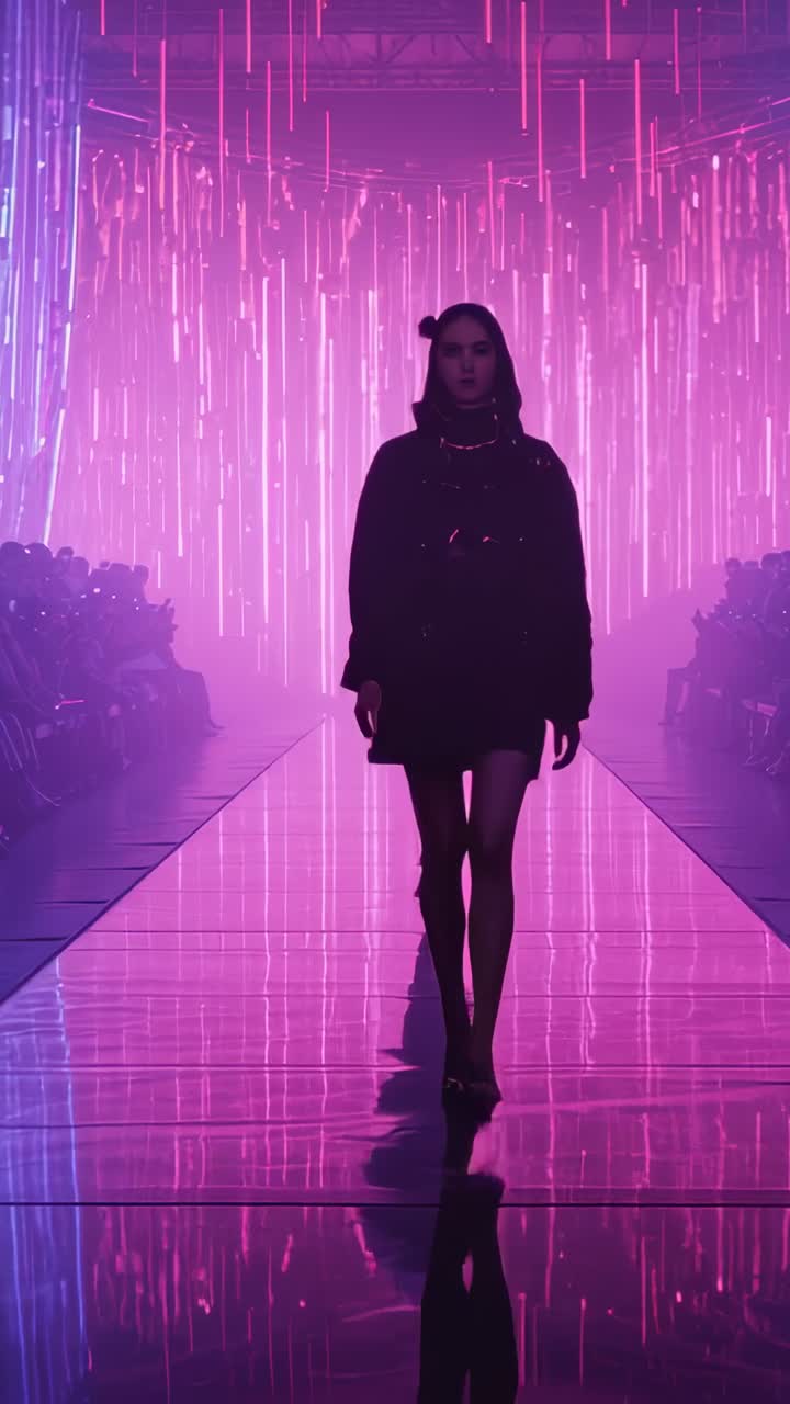 Vertical video: Striding Asian model down pink LED-lit runway, with lighting cues starting