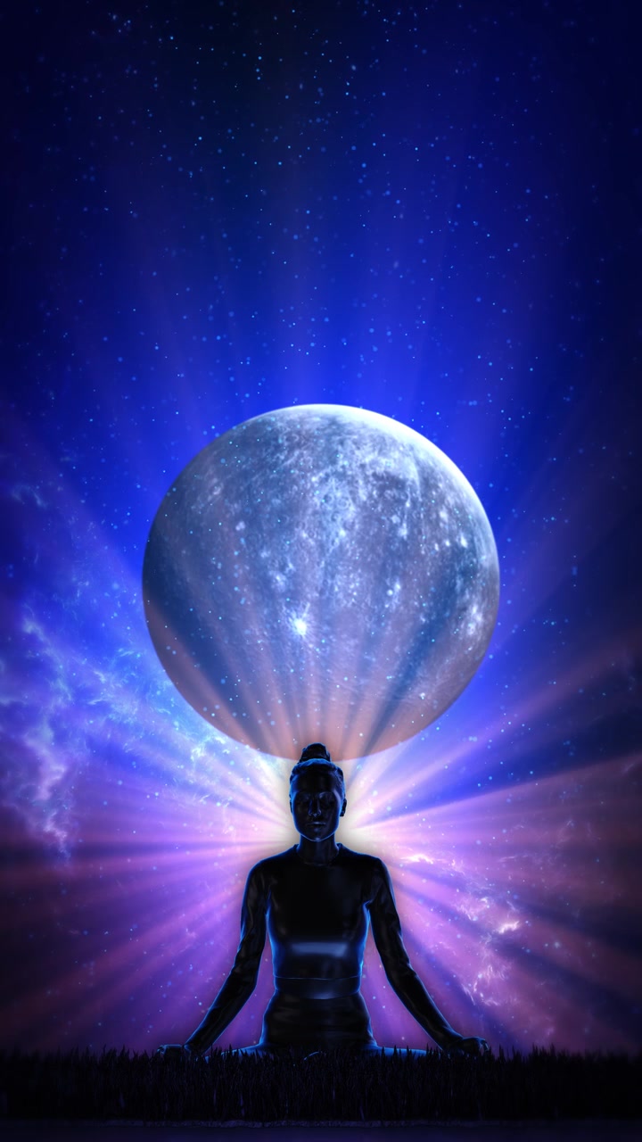 Viaggio spirituale, uomo che medita in posizione yoga del loto, animazione di chakra e cerchio yoga