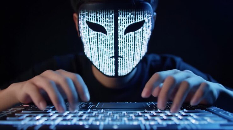 Mondo cibernetico oscuro: figura misteriosa che digita su una tastiera con una maschera luminosa, enfatizzando l'intrigante intersezione tra tecnologia e identità.