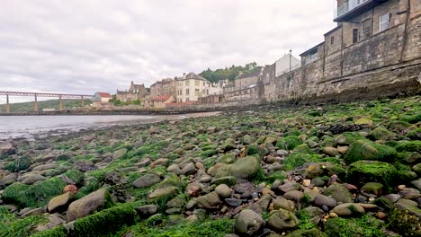 moss-covered rocks along a coastal town