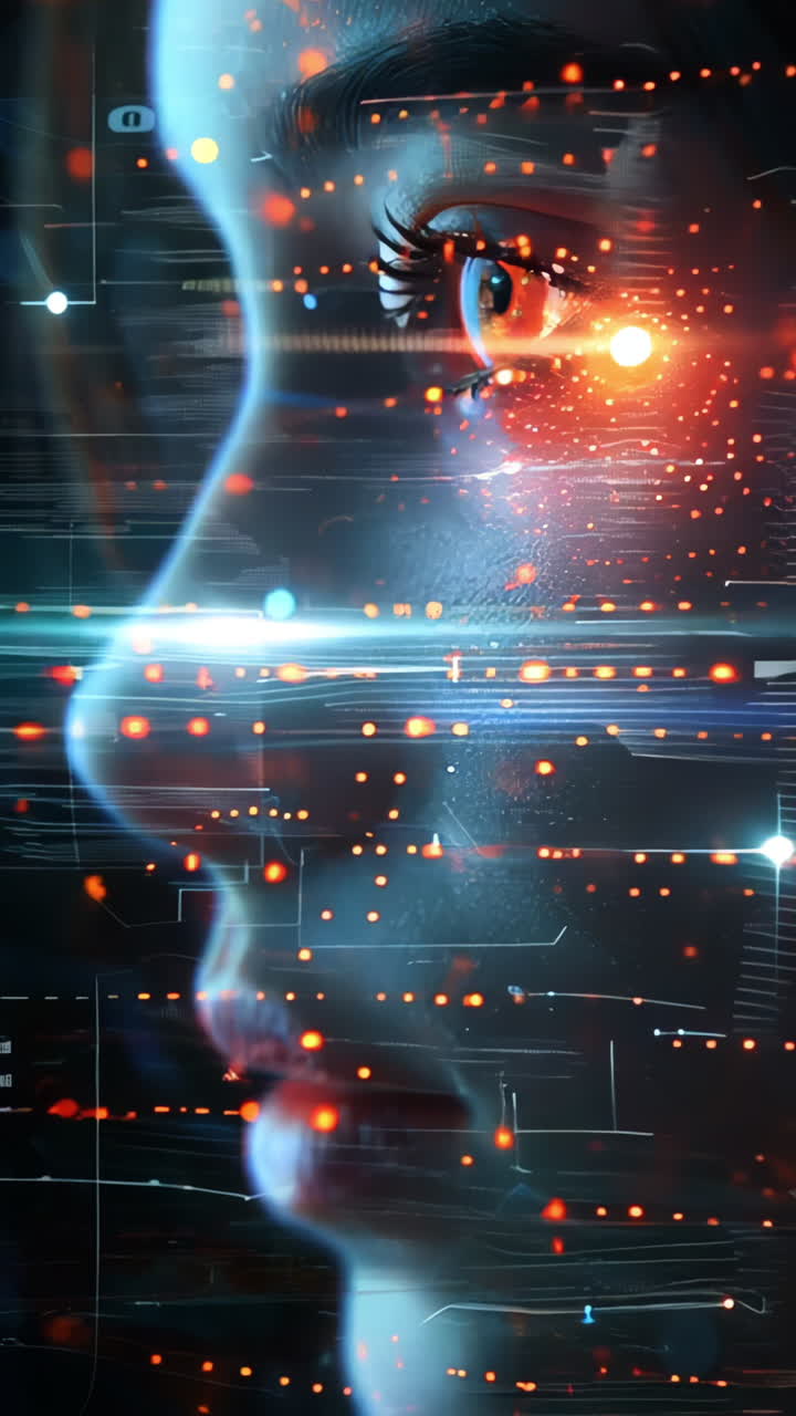 A woman's face is shown in a computer generated image with a bright orange glow. The image is abstract and surreal, with a sense of mystery and wonder. The woman's eyes are open