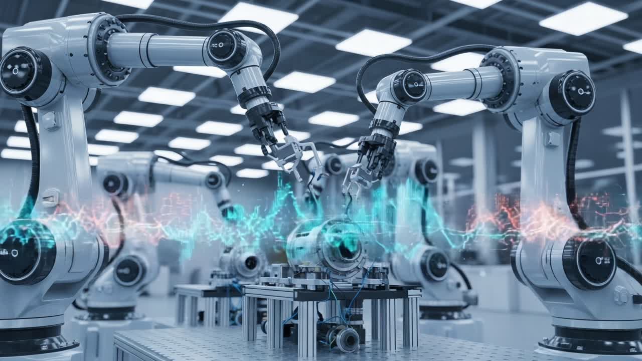 Advanced Robotic Precision in Manufacturing: High-Tech Robots Collaborate Seamlessly to Enhance Efficiency and Productivity in an Innovative Production Environment