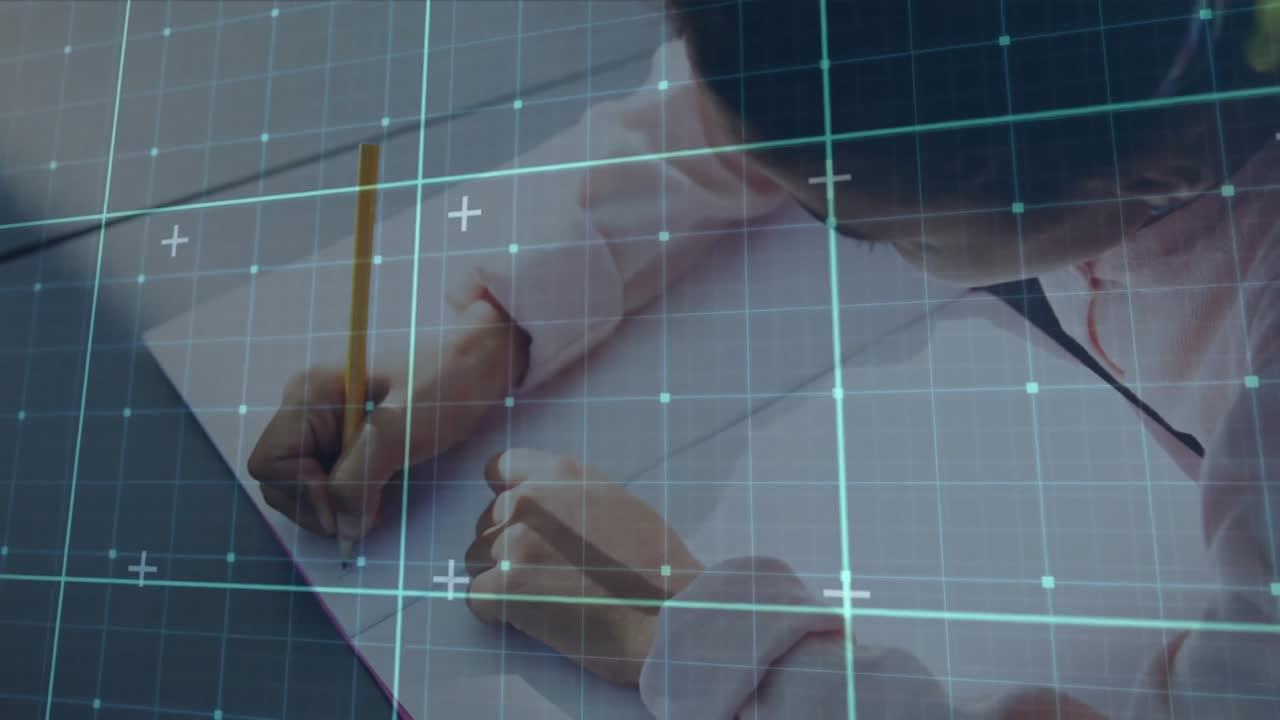Girl placing pencil on paper at desk and sketching lines under education grid overlay for learning