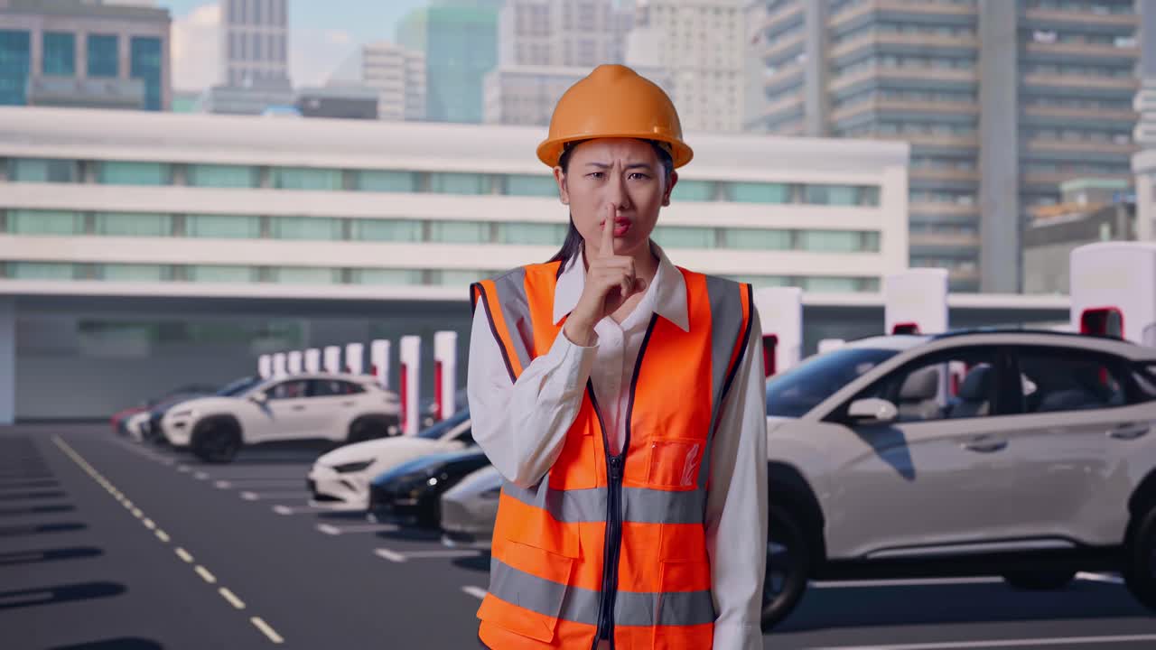 現代の都市ステーションで電気自動車が充電されている中、安全ヘルメットを着用したアジア系の女性エンジニアが立ち、シーッとジェスチャーをしている。