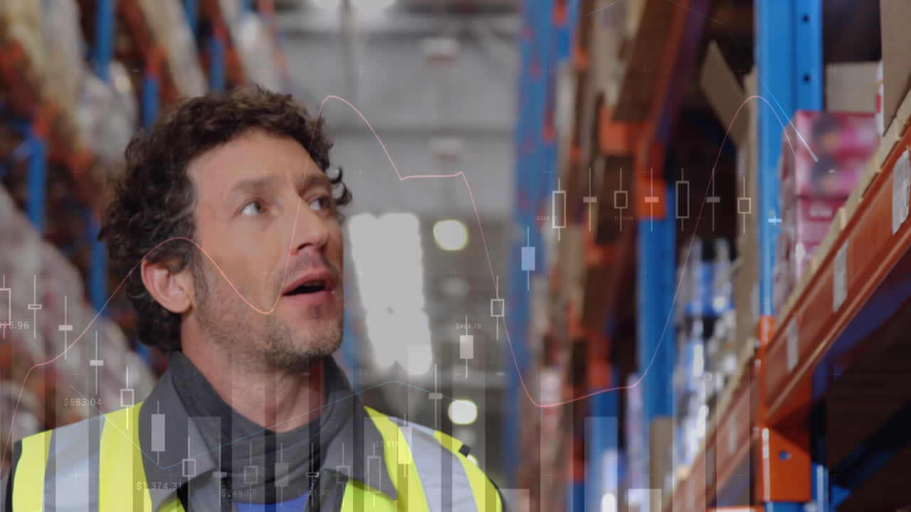 Animation of data processing over man working in warehouse