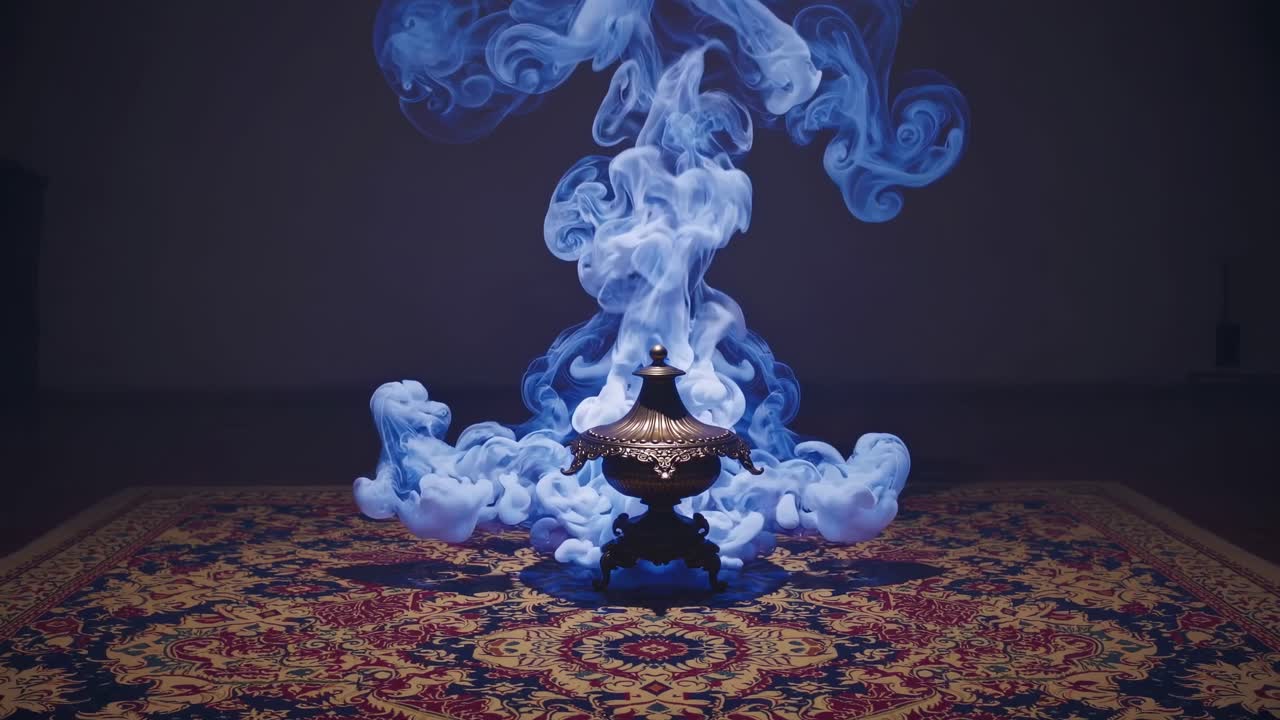 Mystical, ornate lamp is releasing a swirling cloud of vibrant blue smoke, creating an ethereal and magical atmosphere in a dimly lit room with an oriental carpet