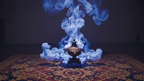 mystical, ornate lamp is releasing a swirling cloud of vibrant blue smoke, creating an ethereal and magical atmosphere in a dimly lit room with an oriental carpet