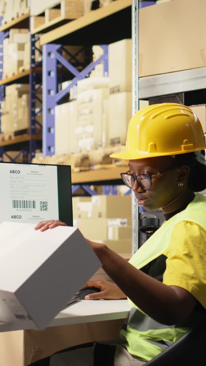 Vertical Video Storehouse black worker reviewing digital shipment status