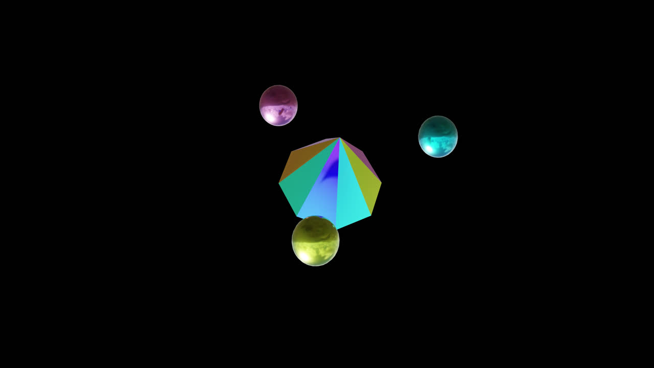 검은 바탕 위에 3d 다채로운 모양의 애니메이션