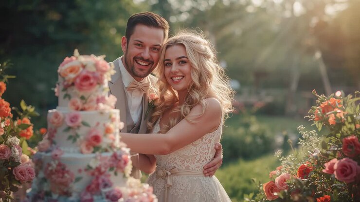 Photographer calling, bride in lace dress, groom in suit posing for garden wedding photos near cake