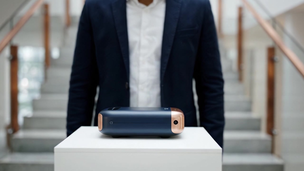 A professional individual attentively handles a sleek, portable device placed on a pedestal in a modern interior with a stylish staircase backdrop.