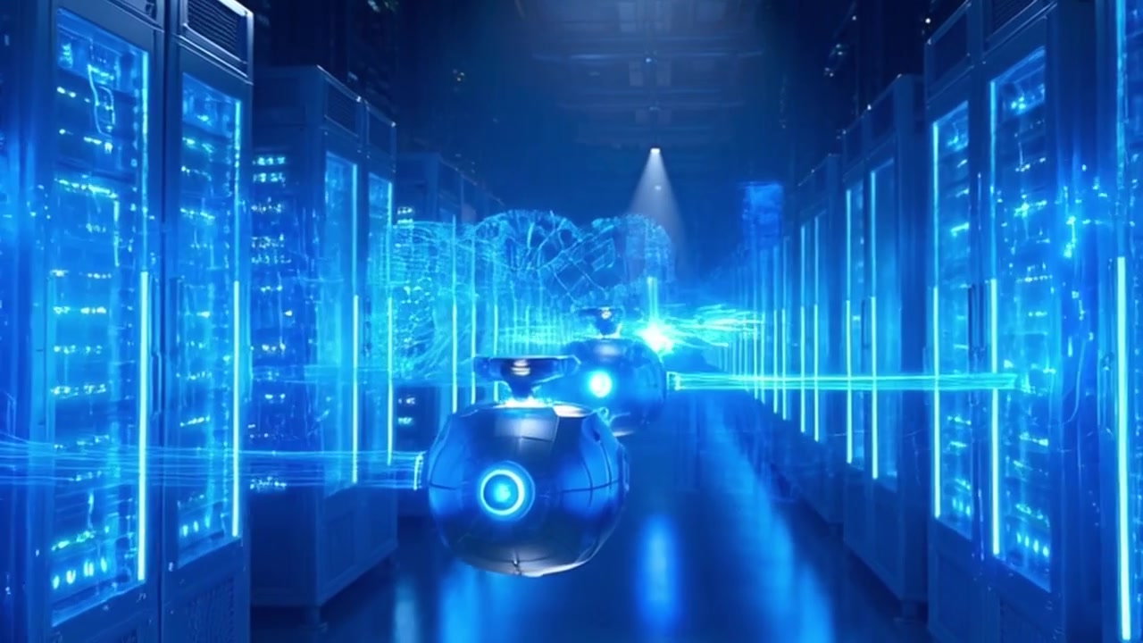 Futuristic Drones Processing Data in a High-Tech Server Room