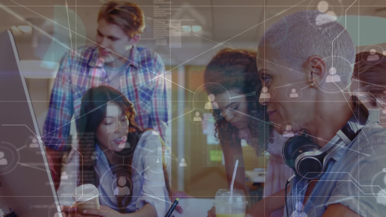 Animation of network of connections over diverse businesspeople in office