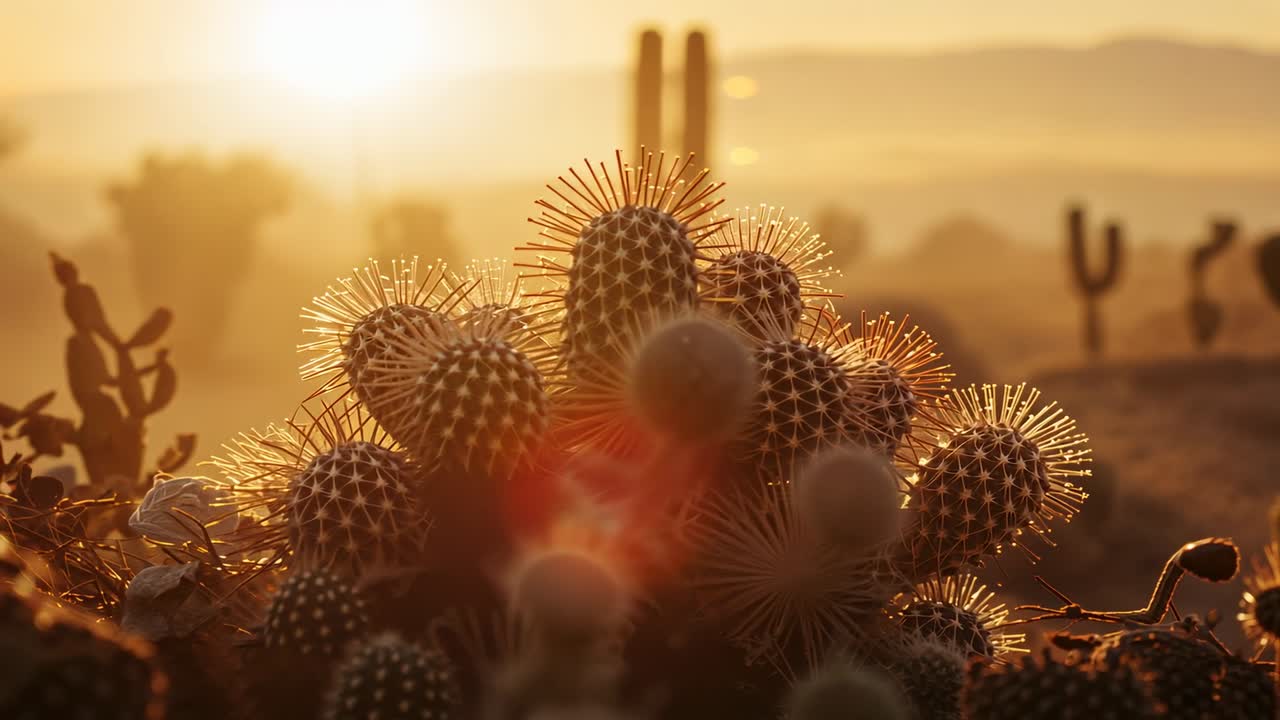 Camera pulling back from clustered barrel cacti as sunlight brightening, revealing saguaro shapes