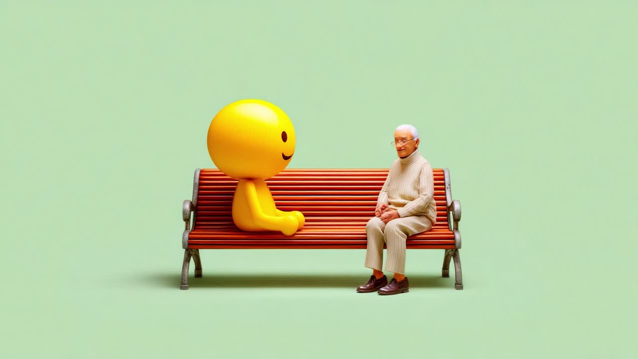 A Bright Yellow Character and an Elderly Man Share a Thoughtful Conversation on a Bench Against a Soft Green Background, Illustrating a Unique Connection Across Generations