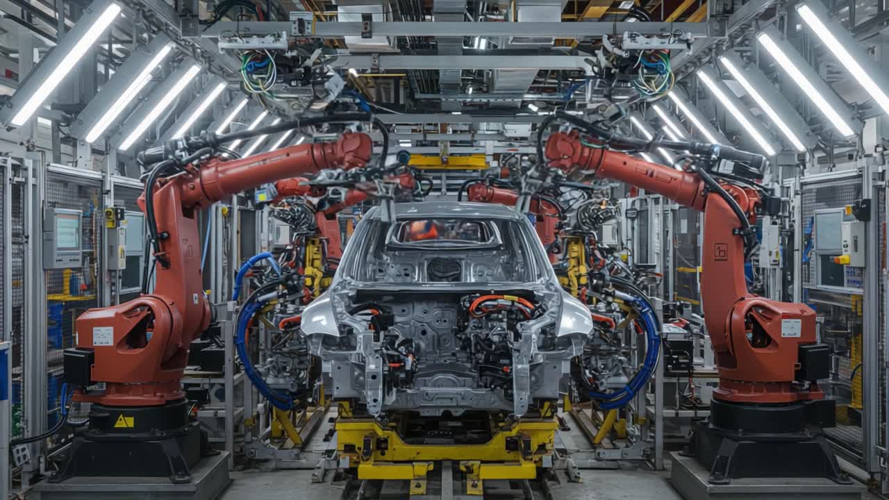 Innovative Automotive Manufacturing Line Featuring Advanced Robotics for Vehicle Assembly in a High-Tech Industrial Environment